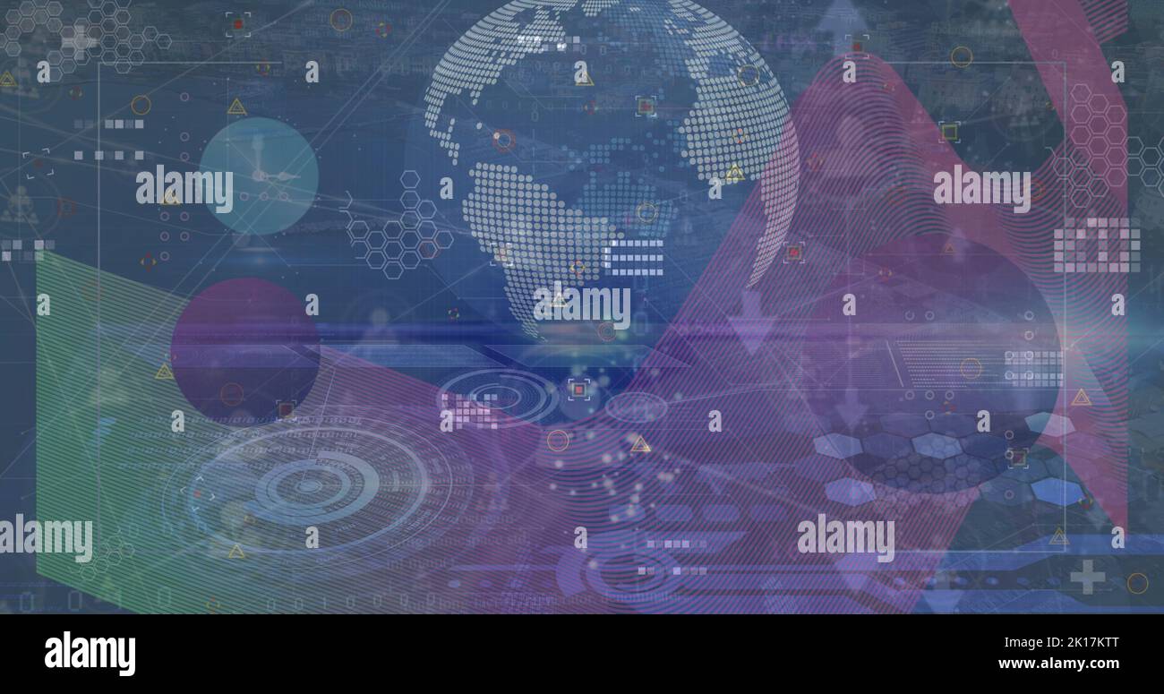 Image of data processing over clock and globe Stock Photo