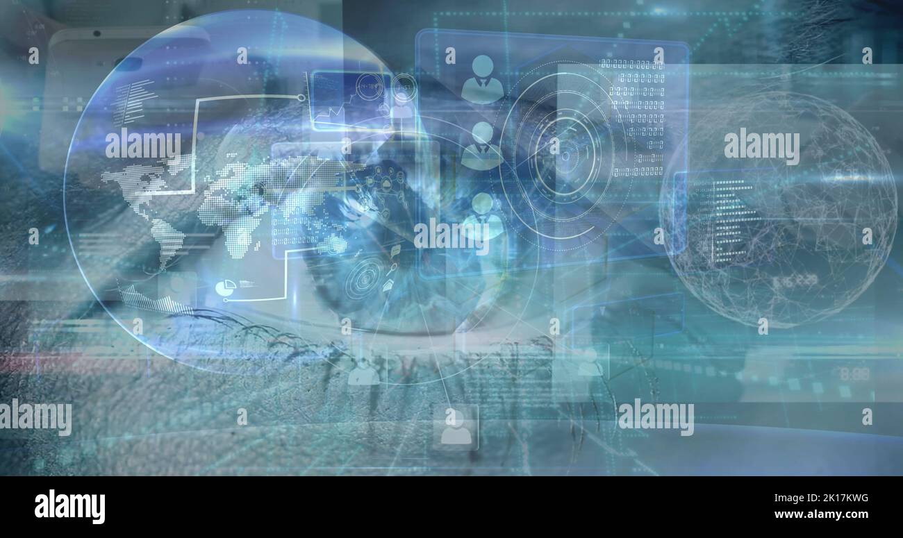 Image of data processing over clock and eye Stock Photo