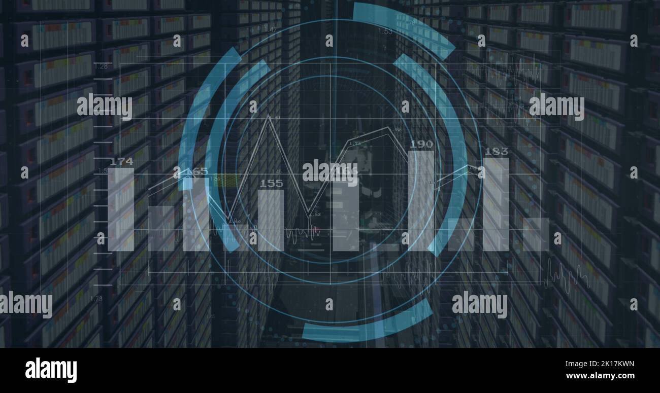 Image of scope scanning with padlock icon over graph and server room ...