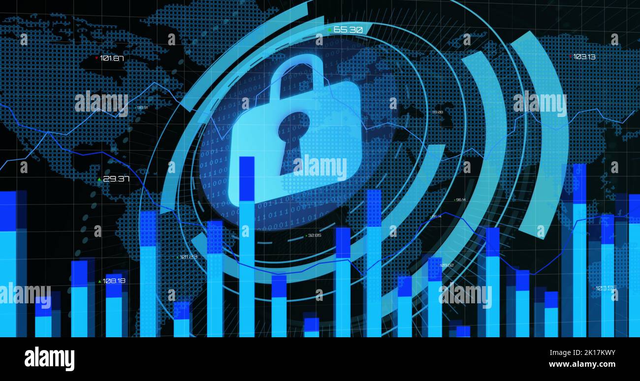 Image of scope scanning with padlock icon and graph over world map on ...