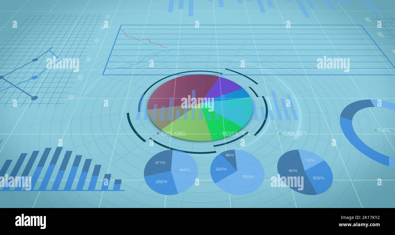 Image of financial data processing over financial graphs on blue background Stock Photo