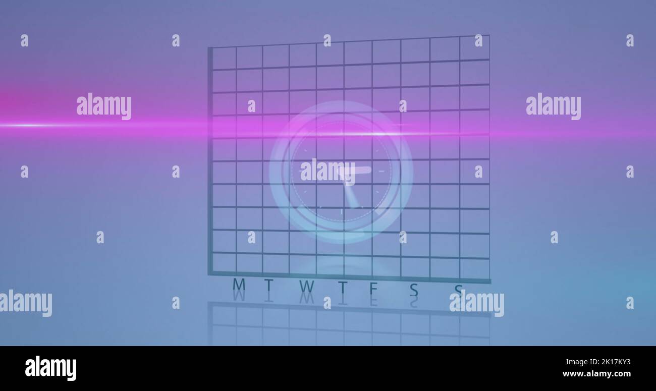 Image of neon ticking clock over statistical data processing against blue background Stock Photo