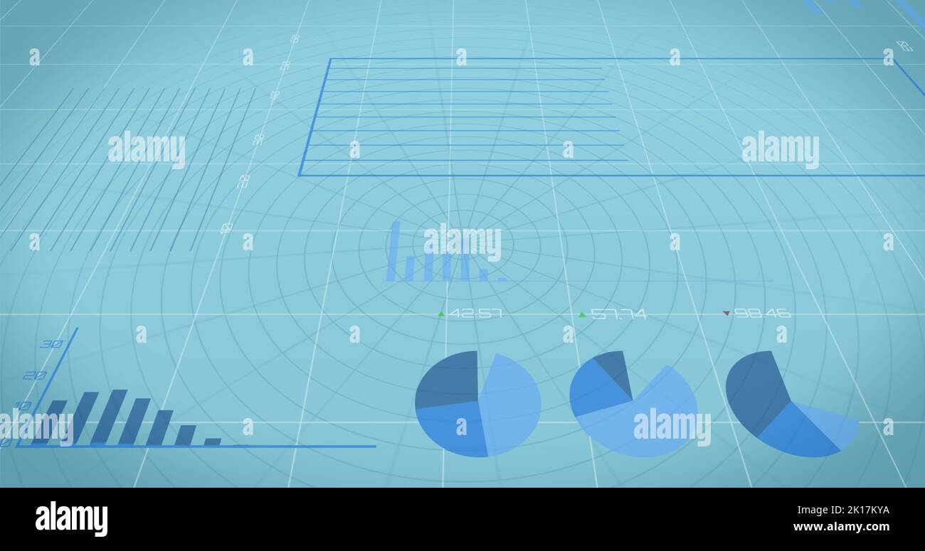 Image of financial data processing over financial graphs on blue background Stock Photo