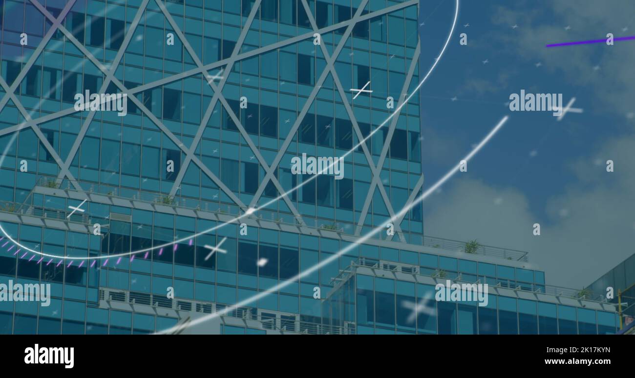 Image of scope scanning over cityscape Stock Photo