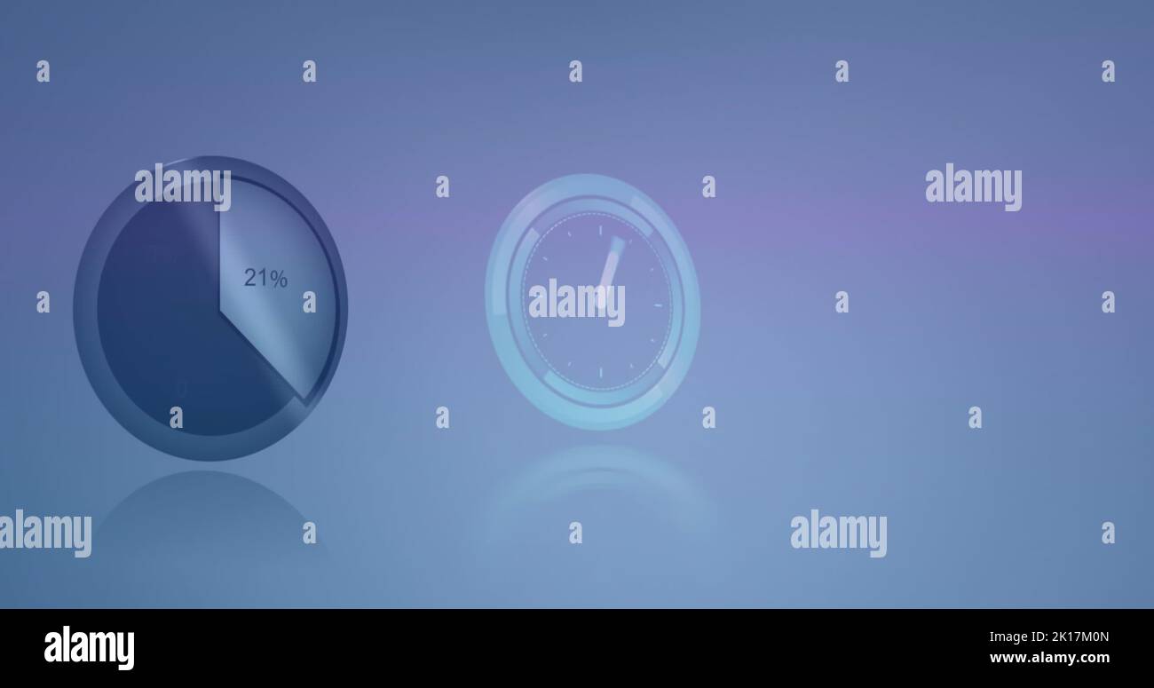 Image of neon ticking clock over statistical data processing against blue background Stock Photo