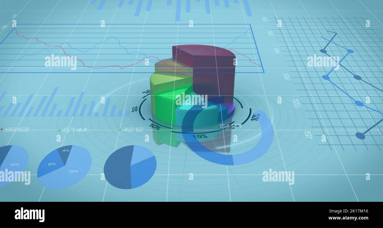 Image of financial data processing over financial graphs on blue background Stock Photo