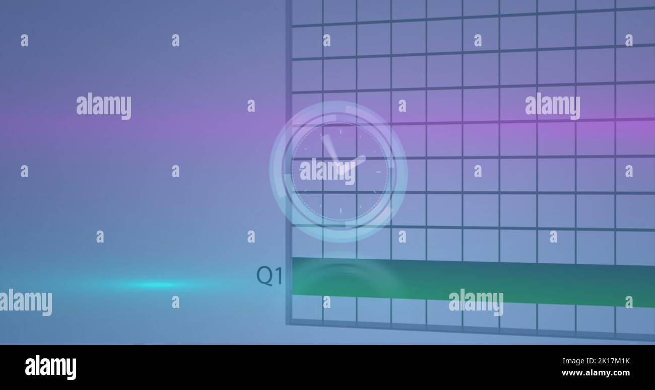 Image of neon ticking clock over statistical data processing against blue background Stock Photo
