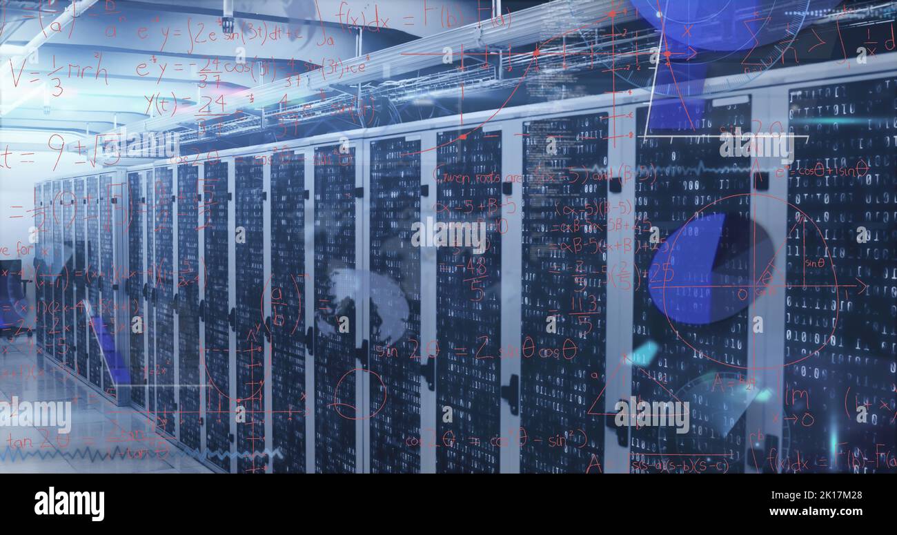 Image of digital data processing over server room Stock Photo