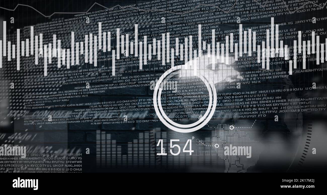 Image of scope scanning and globe over data processing on black background Stock Photo
