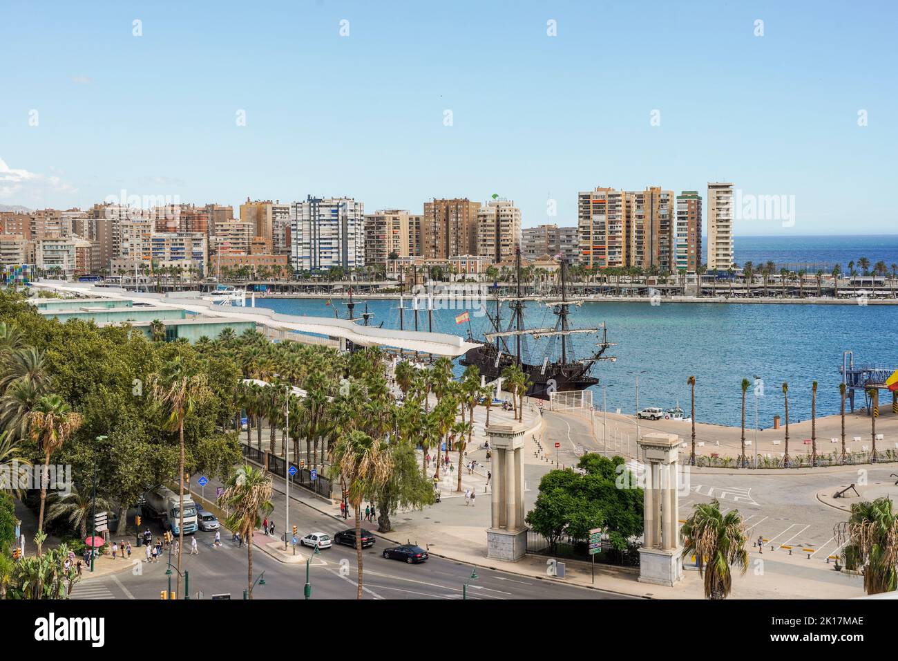 Aerial cityscape of Malaga with Malaga port and park, La Malagueta behind, Costa del sol, Malaga, Andalucia, Spain. Stock Photo