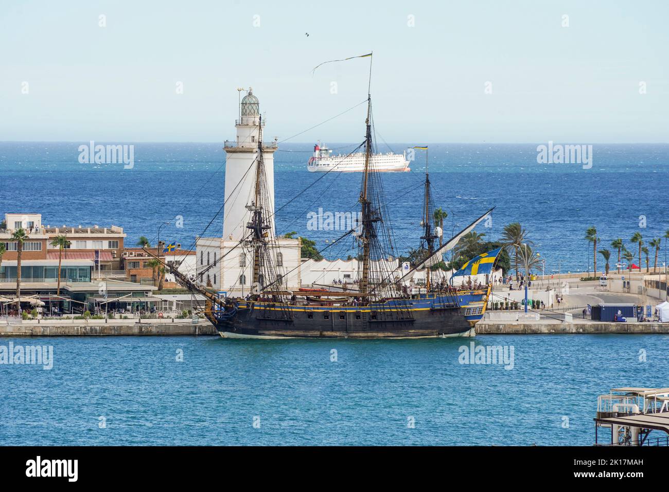 Götheborg of Sweden , sailing replica at the lighthouse in the port of Malaga, Spain. Stock Photo