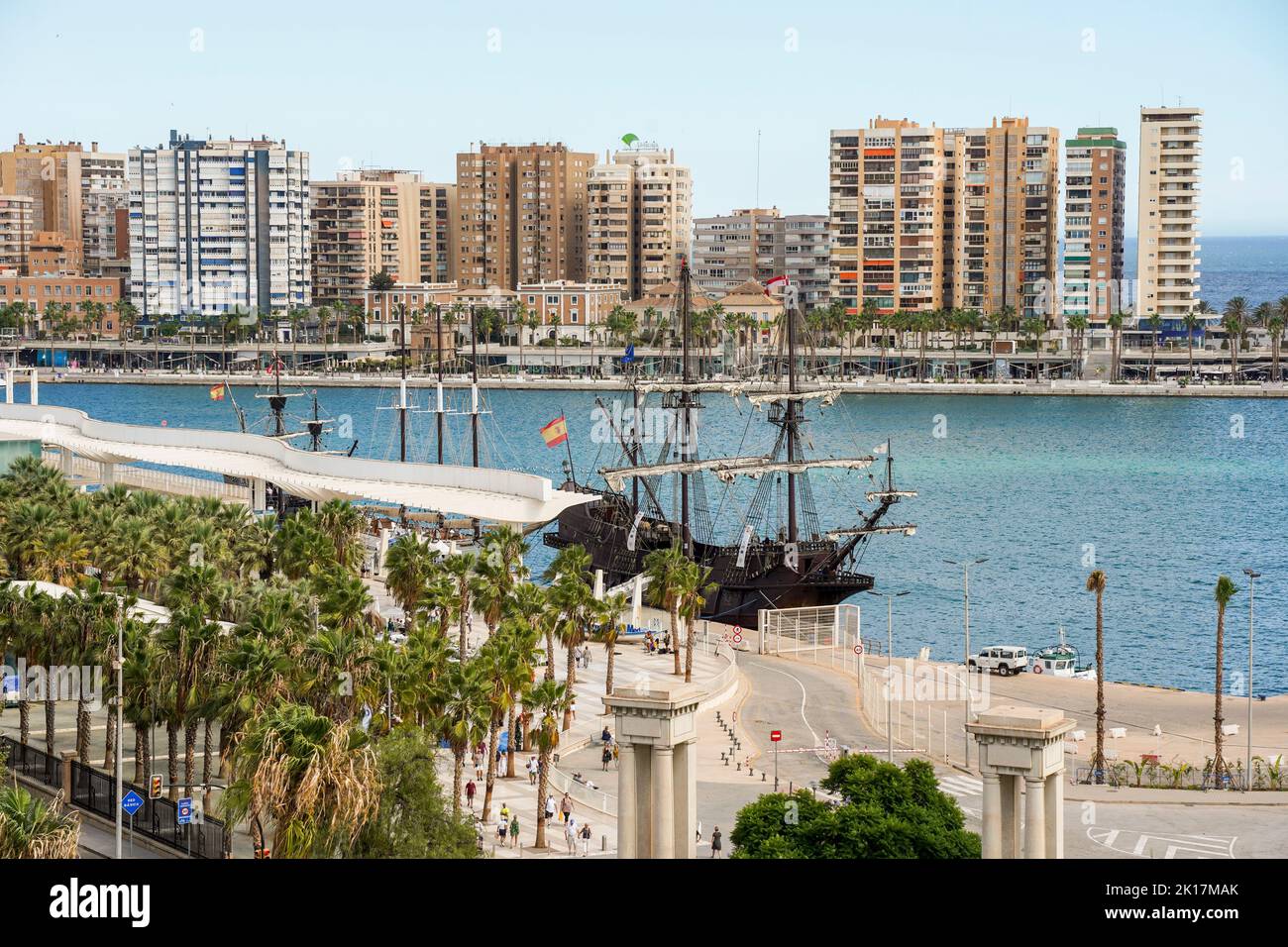 Aerial cityscape of Malaga with Malaga port and park, La Malagueta behind, Costa del sol, Malaga, Andalucia, Spain. Stock Photo