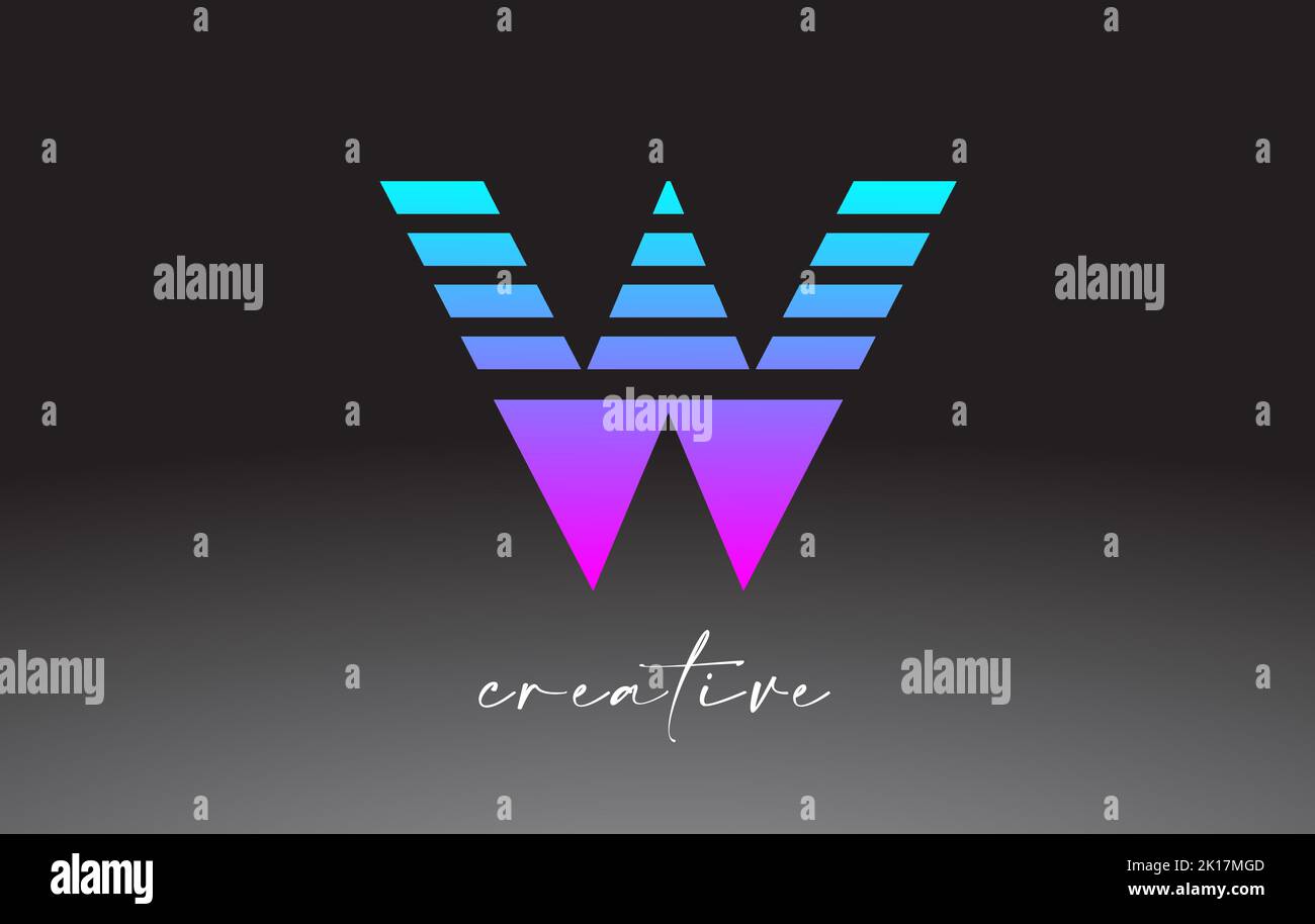 Purple Blue Neon Lines Letter W Logo Design with Creative Lines Cut on half of The Letter in Black and White Colors Vector. Stock Vector