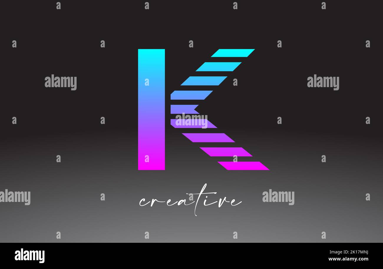 Purple Blue Neon Lines Letter K Logo Design with Creative Lines Cut on ...