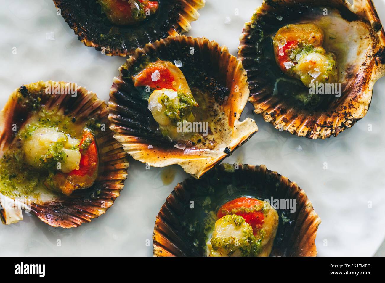 Grilled scallops with olive oil, garlic and parsley. Galician style of scallop dish (Vieira). Typical Zamburiñas dish from Galicia, spain, Delicious S Stock Photo
