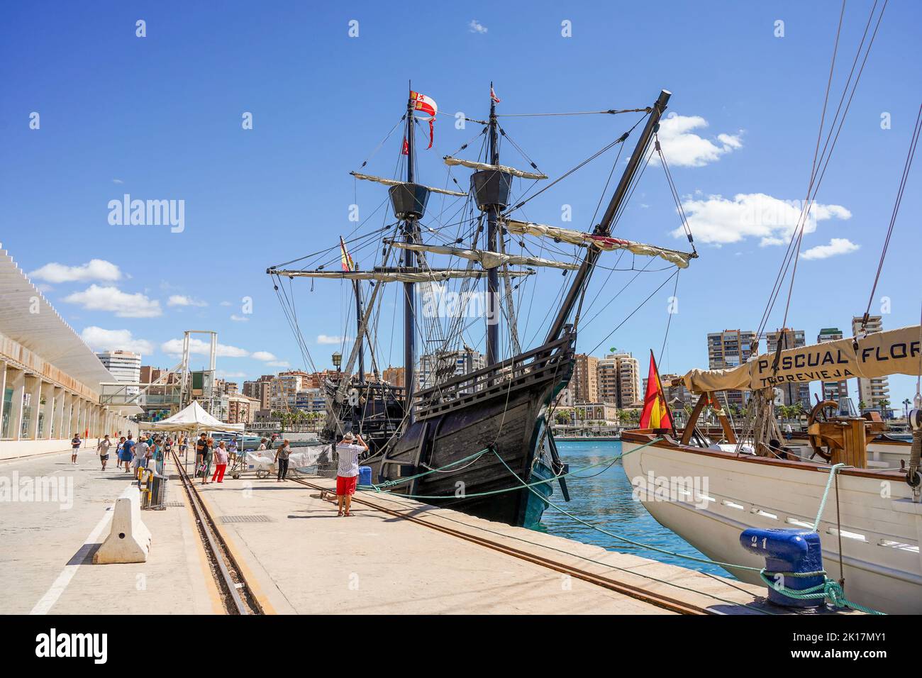 Andalusian Galleon, sailing replica of a 16th-17th century galleon, moored in the port of Malaga, Spain. Stock Photo