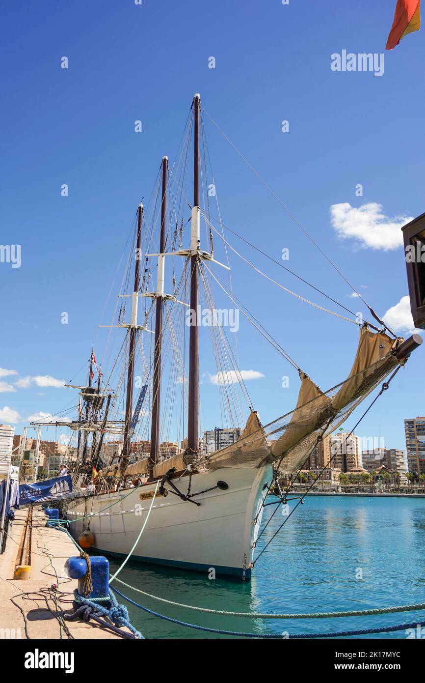 Sail ship replica, Pascual Flores, moored in the port of Malaga, Andalucia, Spain. Stock Photo