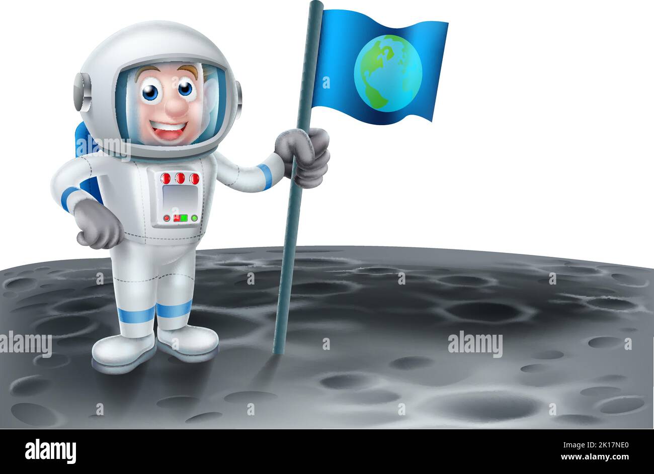 Cartoon Astronaut Holding a Flag On the Moon Stock Vector