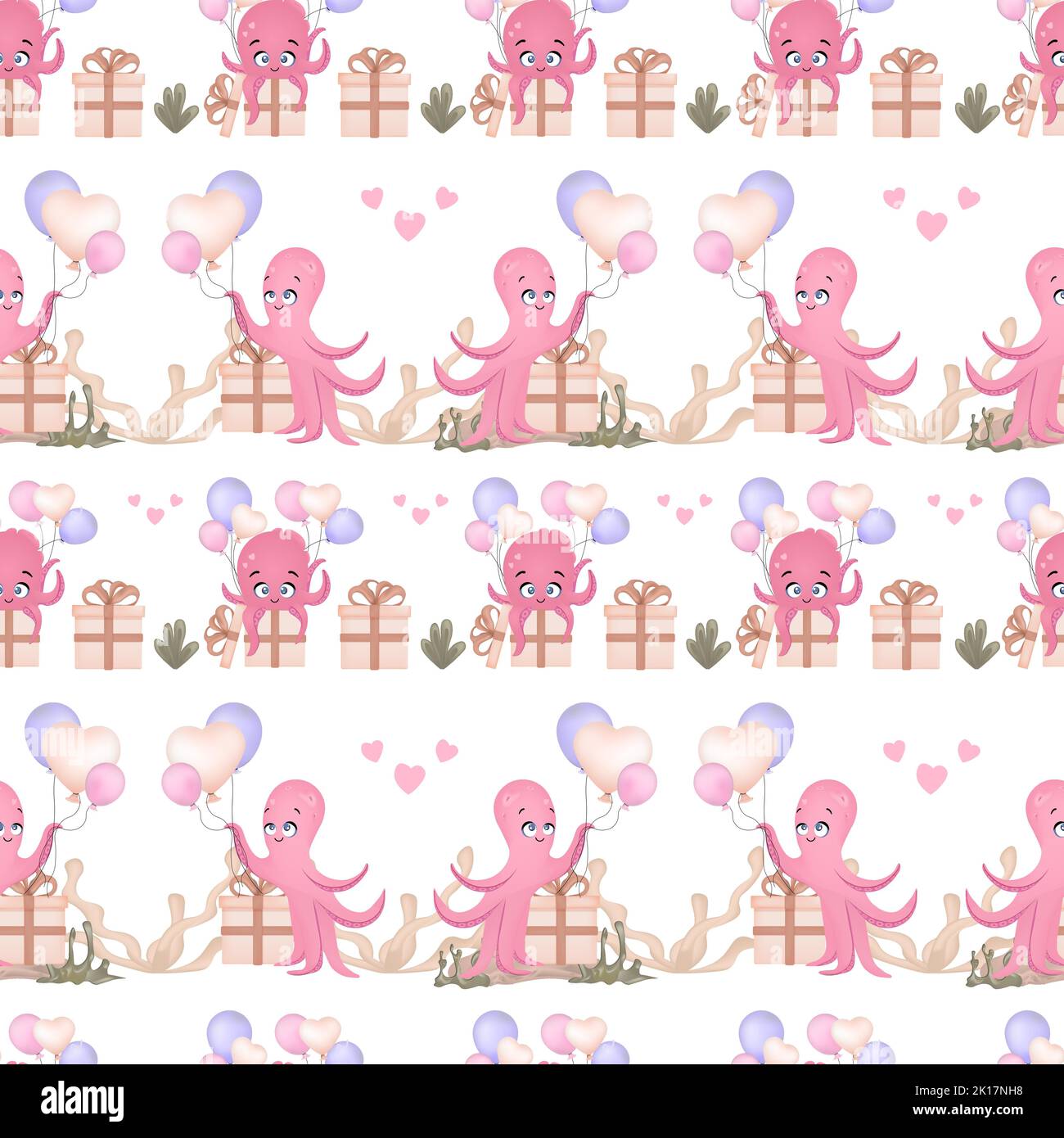 Vector illustration of a pink octopus. Seamless pattern for babies. Sea ...