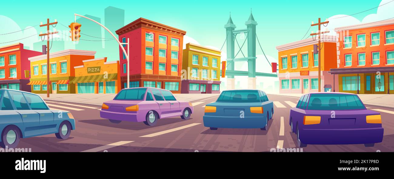 Cars driving at city crossroad on cityscape background with buildings and bridge. Modern automobiles riding megalopolis asphalted road with signs, tra Stock Vector