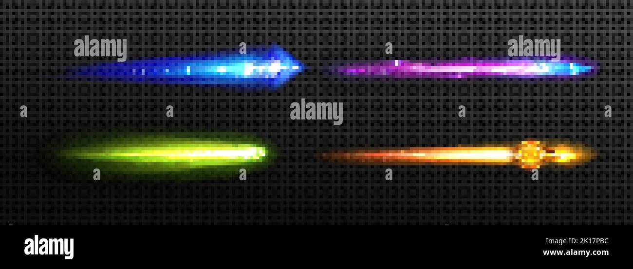 Vfx effect of meteorite, star flames or missile blast trails. Green, orange, pink and blue light or fire of rocket, comet, magic spell trace, weapon r Stock Vector