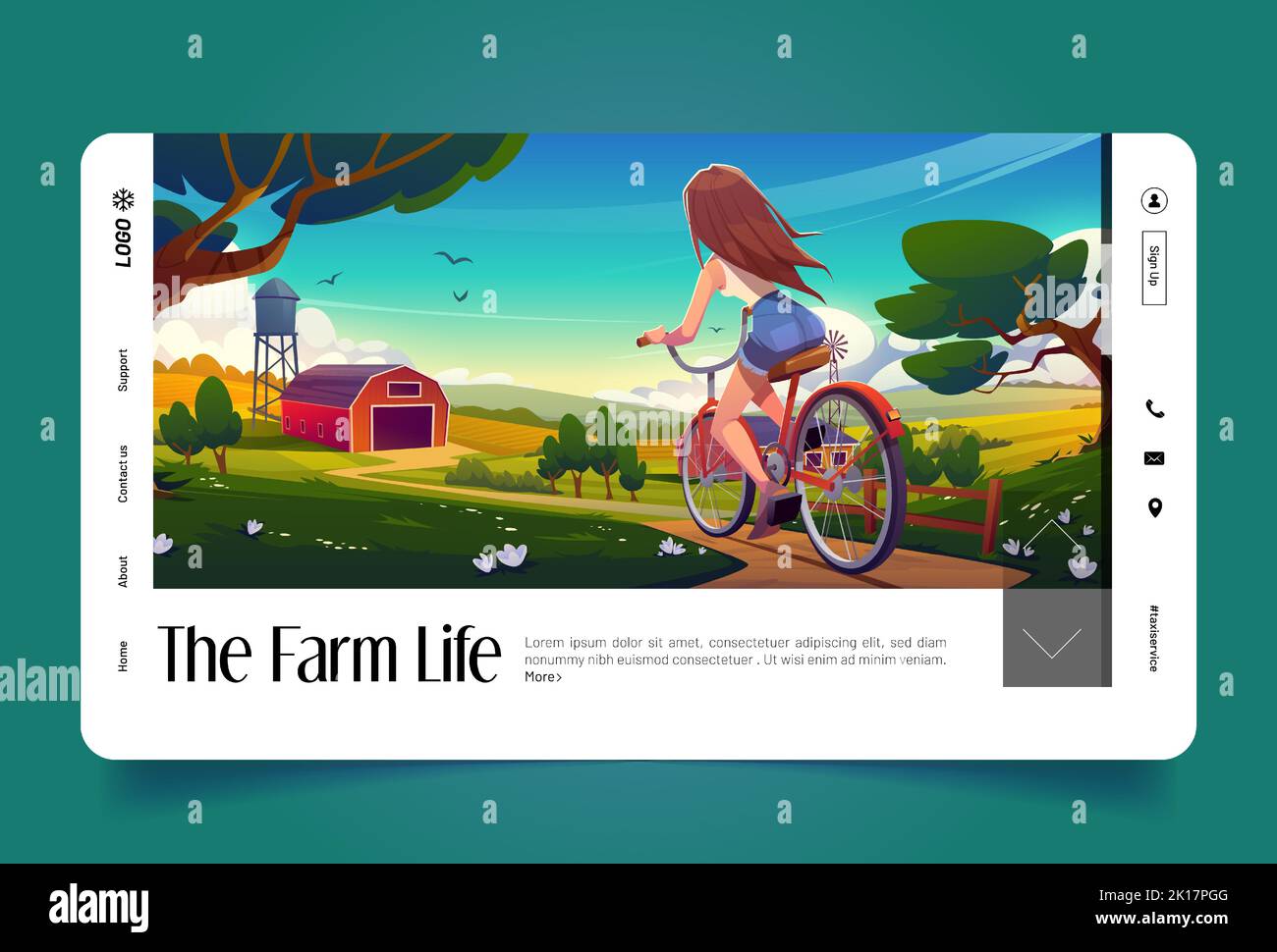 Farm life landing page horizontal template. Cartoon vector illustration of girl riding bicycle in rural area. Summer field landscape, flowers, grass, Stock Vector
