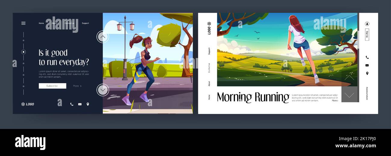 Morning running cartoon landing pages. Young girl jogging in city park and nature landscape. Sportswoman run, outdoor sports activity. Fit female char Stock Vector
