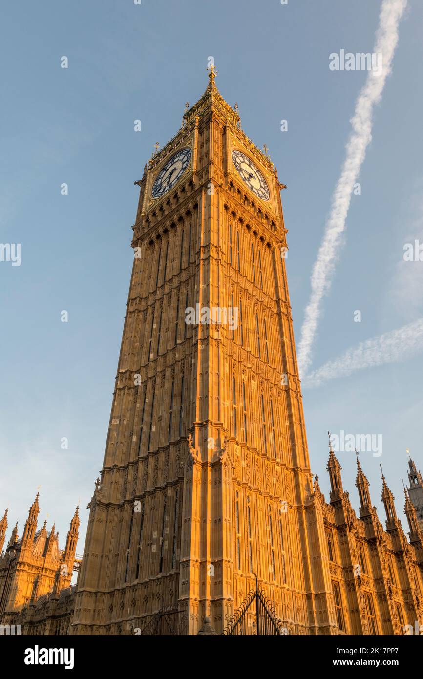 The 96m clock tower of Big Ben (the Elizabeth Tower), part of the Palace of Westminster, after its recent 4-year renovation, in late evening light Stock Photo