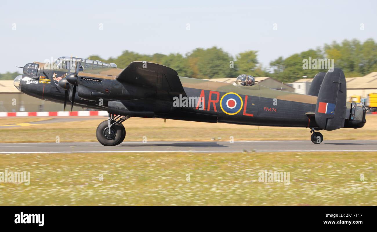 Fairford, UK. 16th July, 2022. Military aircraft from across the globe on display for the RIAT Royal International Air Tattoo. The BBMF Avro Lancaster bomber arriving at RIAT, Fairford, UK Stock Photo