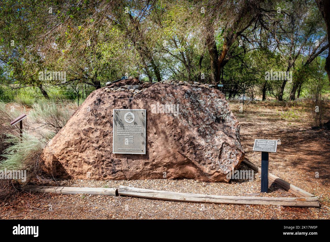 Treaty Rock at Fort Sumner, NM marks where many Navajo prisoners surrendered in 1863, symbolizing the weight cast upon their culture at this place of Stock Photo