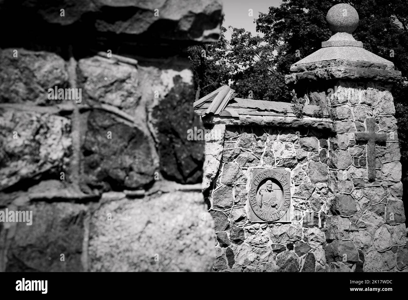 Part of an old wall, built with religious masonry, that stands in Saint Nazianz near Manitowoc, Wisconsin. Stock Photo