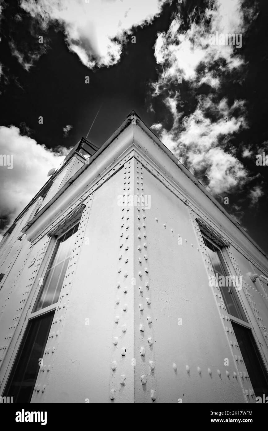 Looking up at the corner of the lighthouse in Manitowoc, Wisconsin built in 1918. Stock Photo
