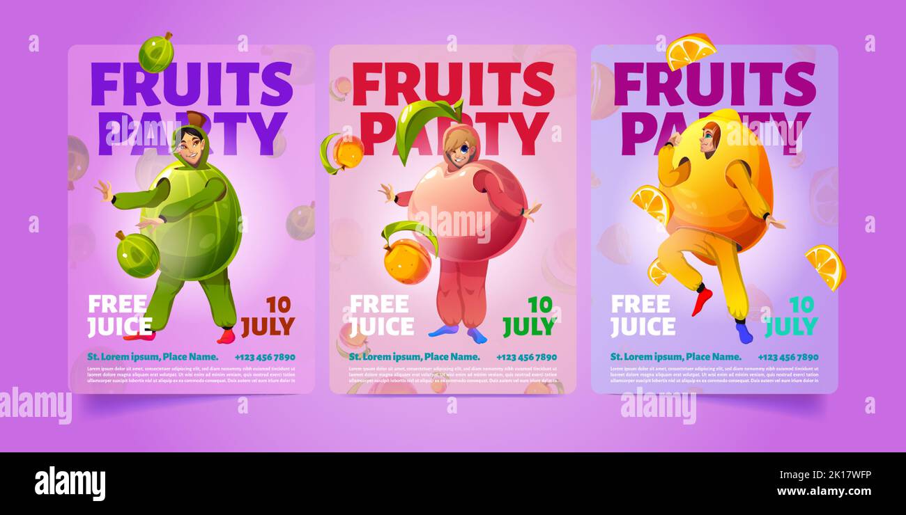 Set of cartoon fruits party poster templates. Vector illustration of colorful flyers with happy young people wearing funny gooseberry, peach, lemon co Stock Vector