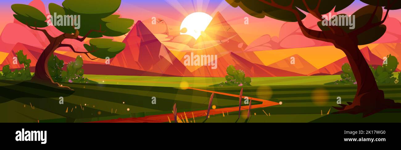 Cartoon nature landscape at evening. Rural dirt road going along green field with deciduous trees and mountains view. Scenery game sunset background, Stock Vector