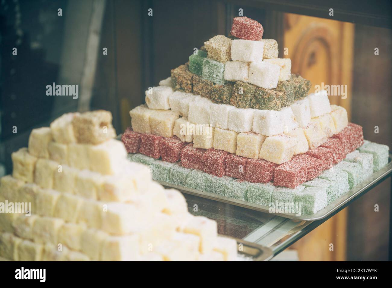 A pile of rahat lukum or Turkish delight, oriental sweets in a store. Stock Photo