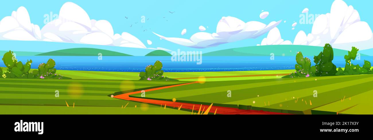 Summer seaside landscape, cartoon illustration. Vector design of beautiful lake, green field with footpath, blooming bushes and hills on horizon. Bird Stock Vector