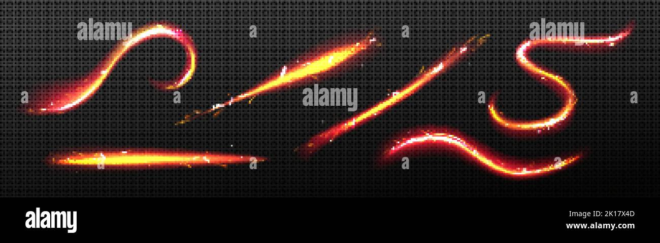 Abstract fire lines with sparks, bright glow lines isolated on transparent background. Vector realistic set of waves and swirls of flame streaks with Stock Vector