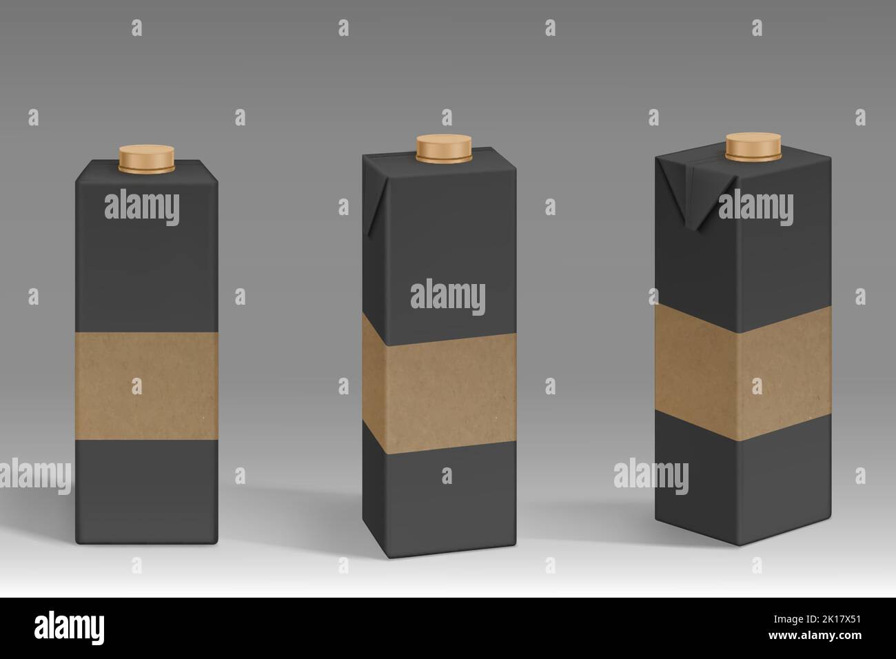 Milk or juice package mockup, black and gold carton box. Blank paper bottle with screw lid front and angle view. Container for liquid production, food Stock Vector