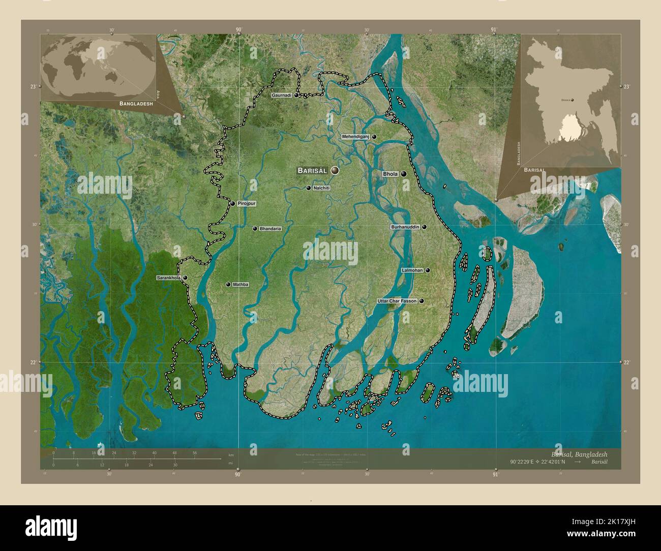 Barisal, division of Bangladesh. High resolution satellite map. Locations and names of major cities of the region. Corner auxiliary location maps Stock Photo