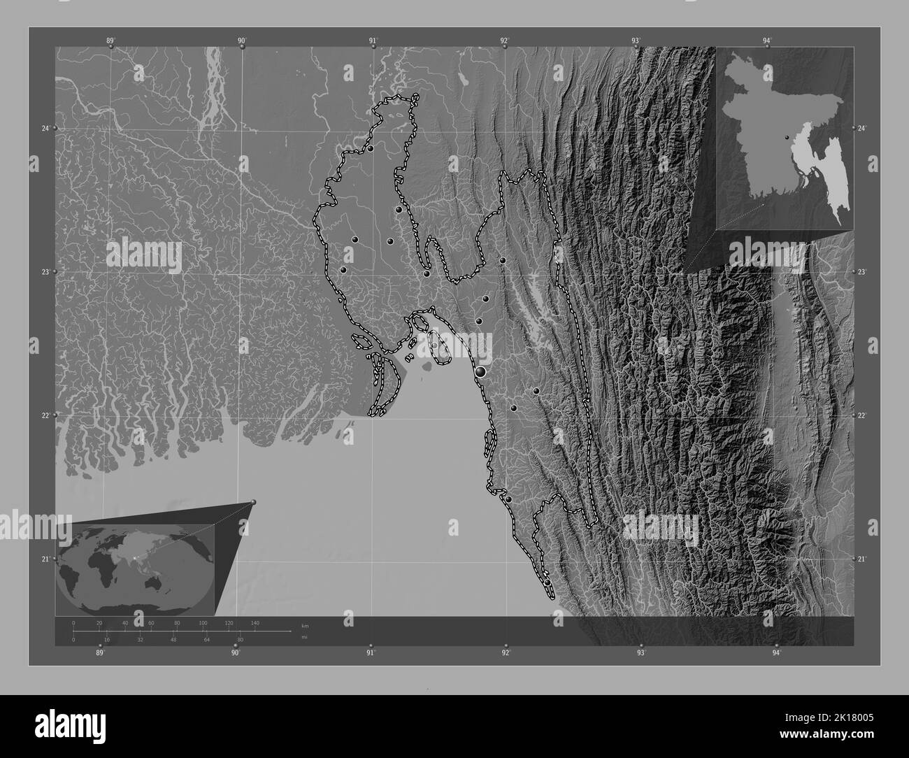 Chittagong, division of Bangladesh. Bilevel elevation map with lakes 