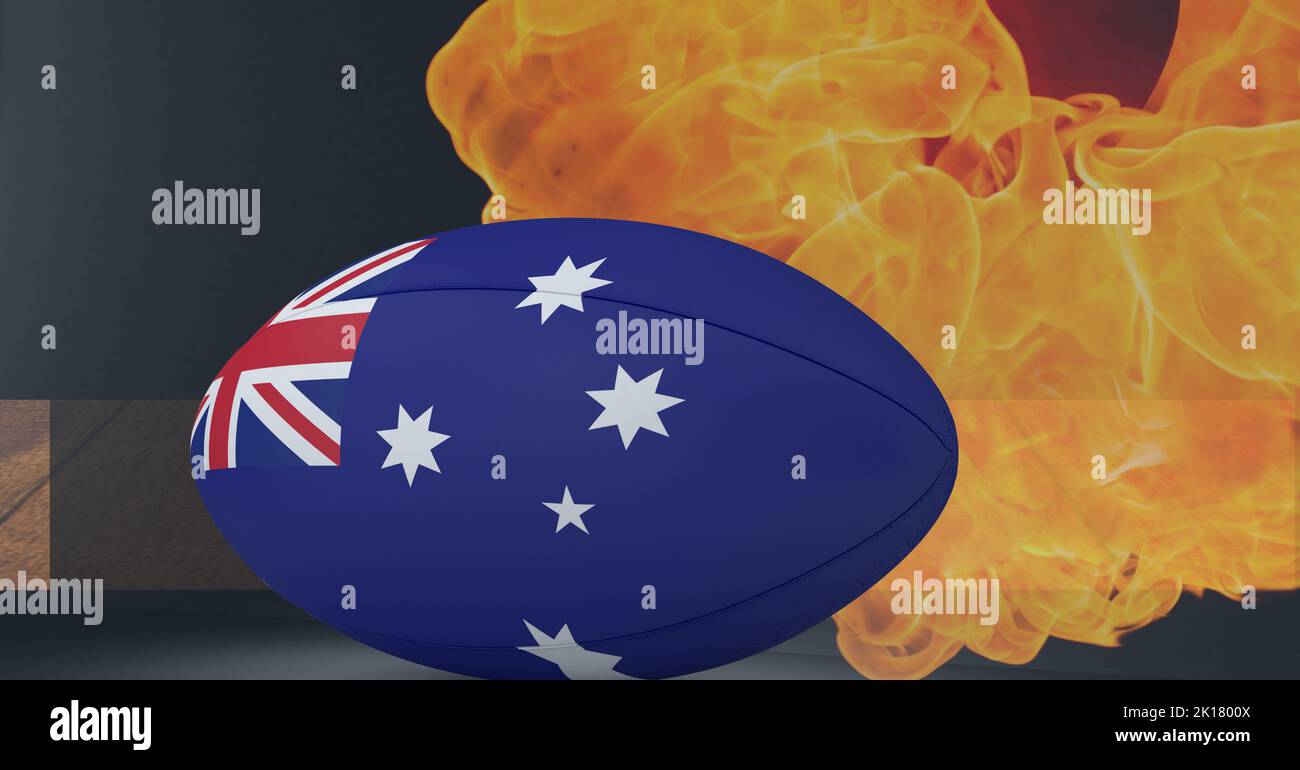 Composition of rugby ball decorated with the flag of australia on black
