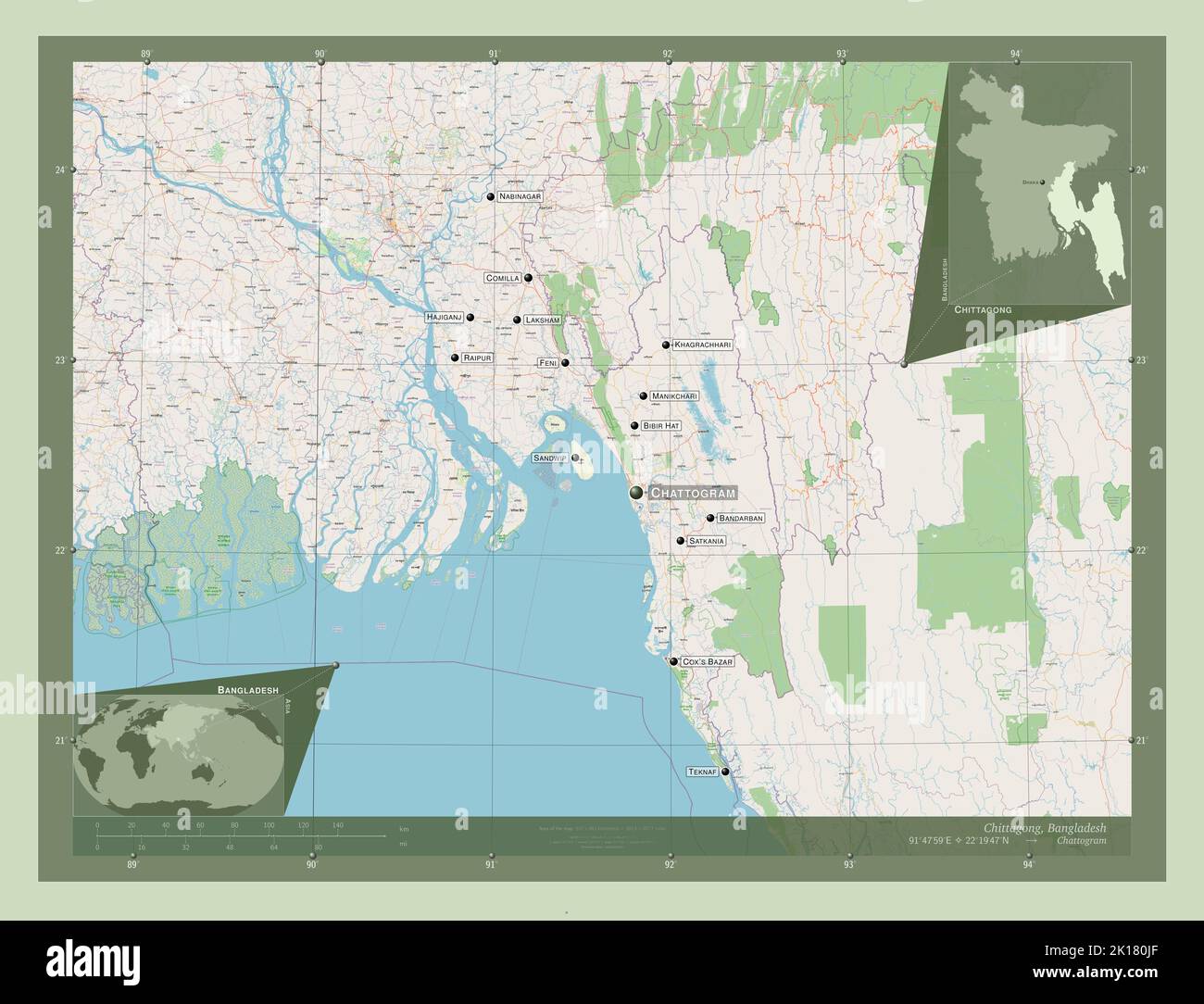 Chittagong, division of Bangladesh. Open Street Map. Locations and names of major cities of the region. Corner auxiliary location maps Stock Photo