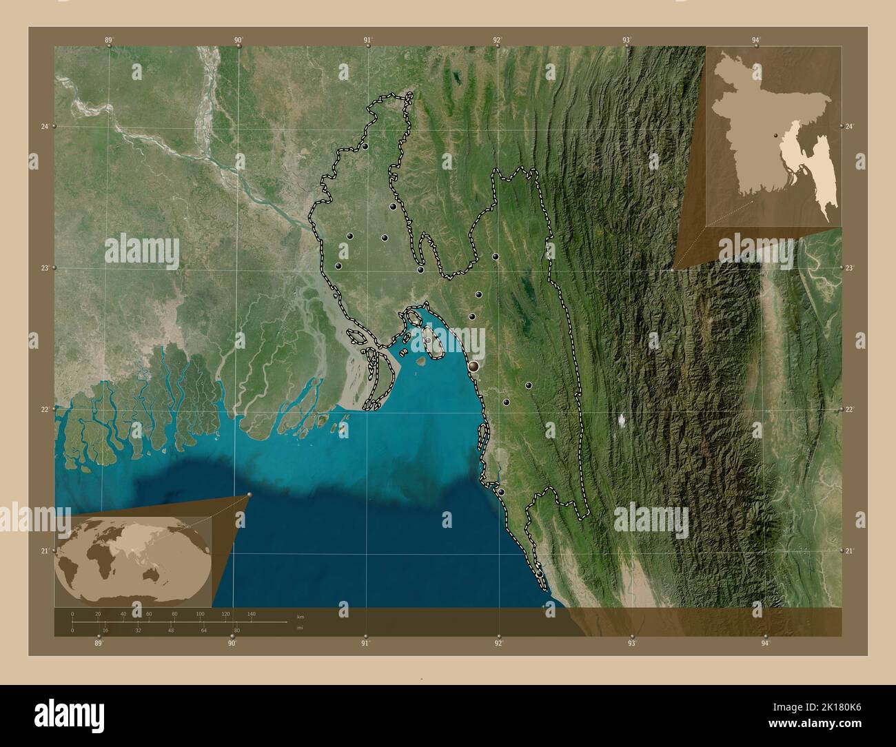 Chittagong, division of Bangladesh. Low resolution satellite map 