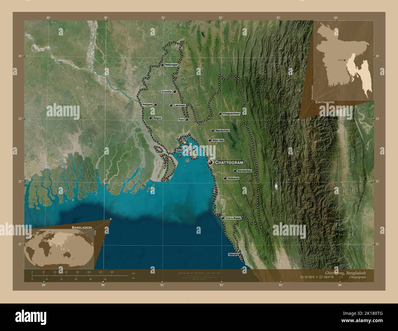 Chittagong, division of Bangladesh. Low resolution satellite map
