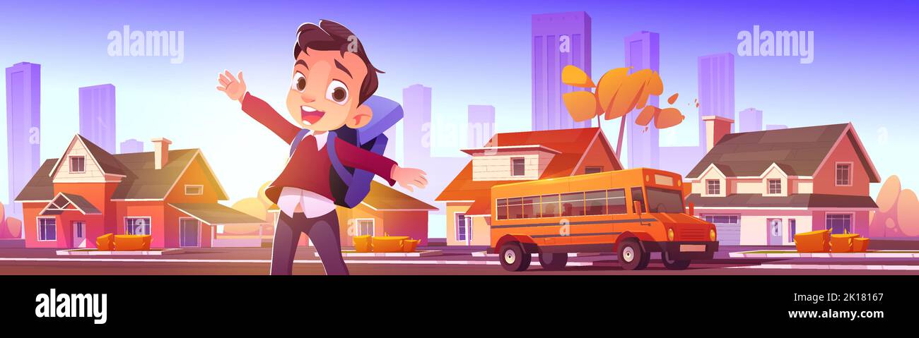 Happy boy waiting school bus in city suburb. Cartoon illustration of kid with backpack smiling, standing at transport stop, town street with many hous Stock Vector