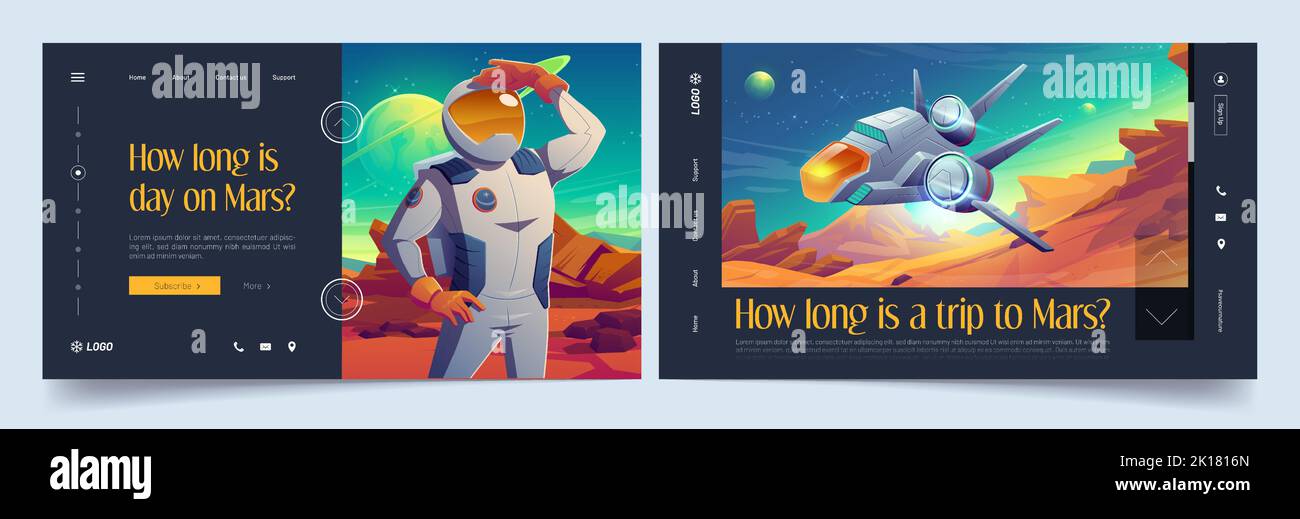 Mars exploration banners with spaceman and spaceship flying above red planet surface. Vector landing pages with cartoon illustration of alien planet l Stock Vector
