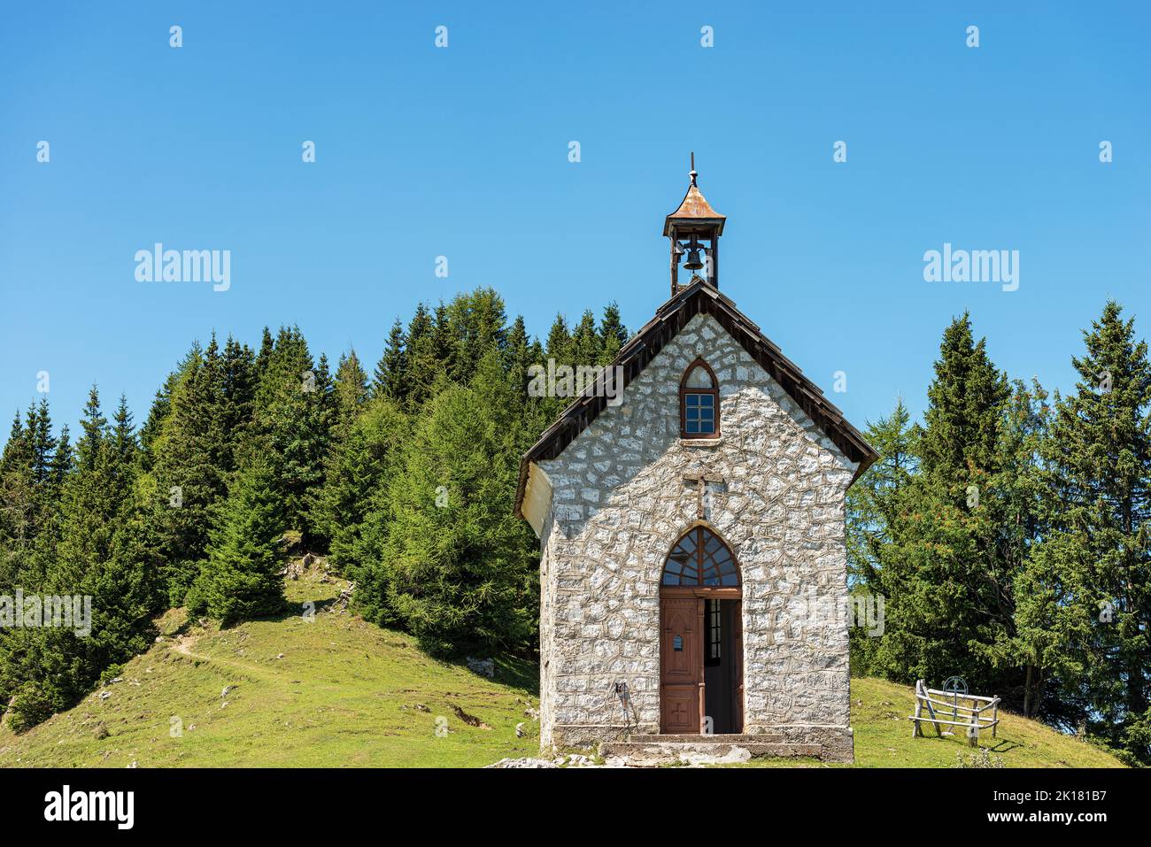 Small Church or Chapel called Almkapelle Maria Schnee (Our Lady of the Snow), Italy-Austria border, Feistritz an der Gail, Austria, Europe. Stock Photo
