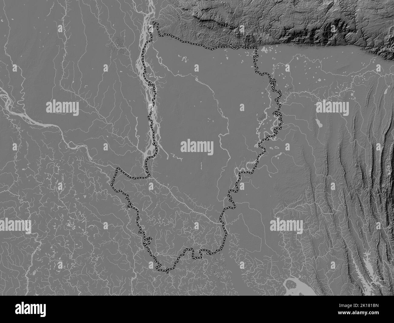 Dhaka, division of Bangladesh. Bilevel elevation map with lakes and