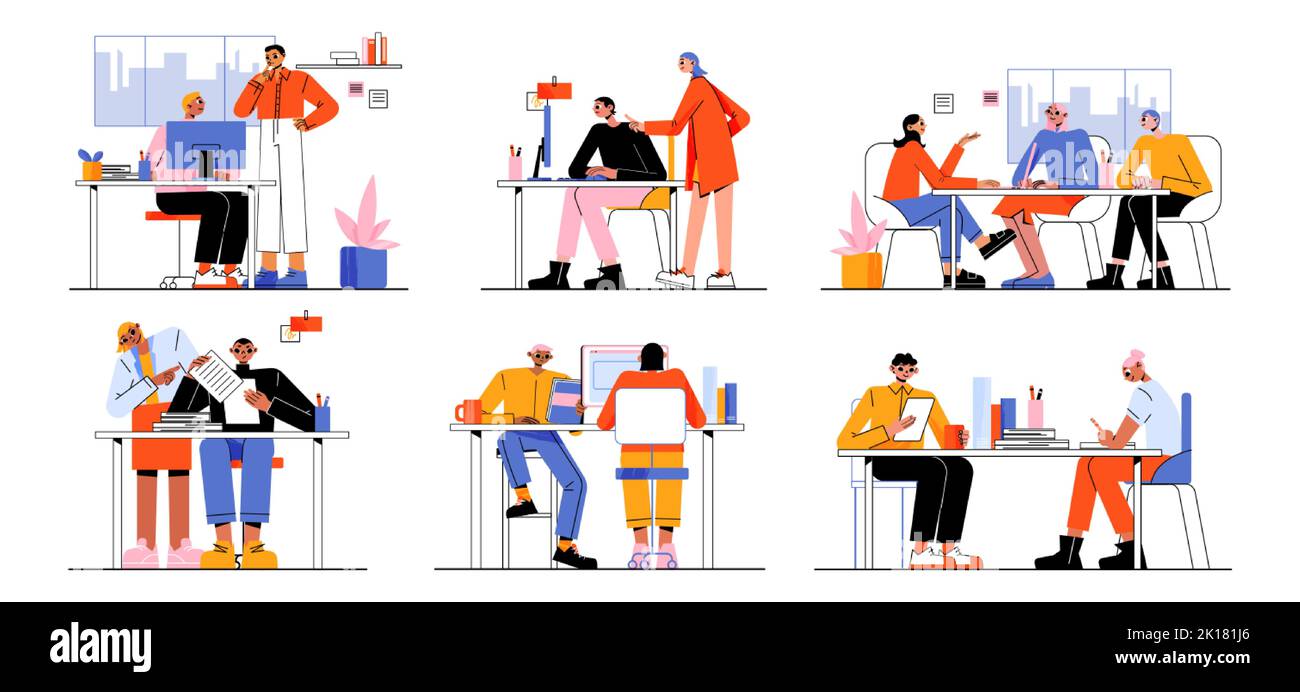 People work together in office. Concept of business meeting, job training, leadership, internship with mentor. Vector flat illustration of employees o Stock Vector