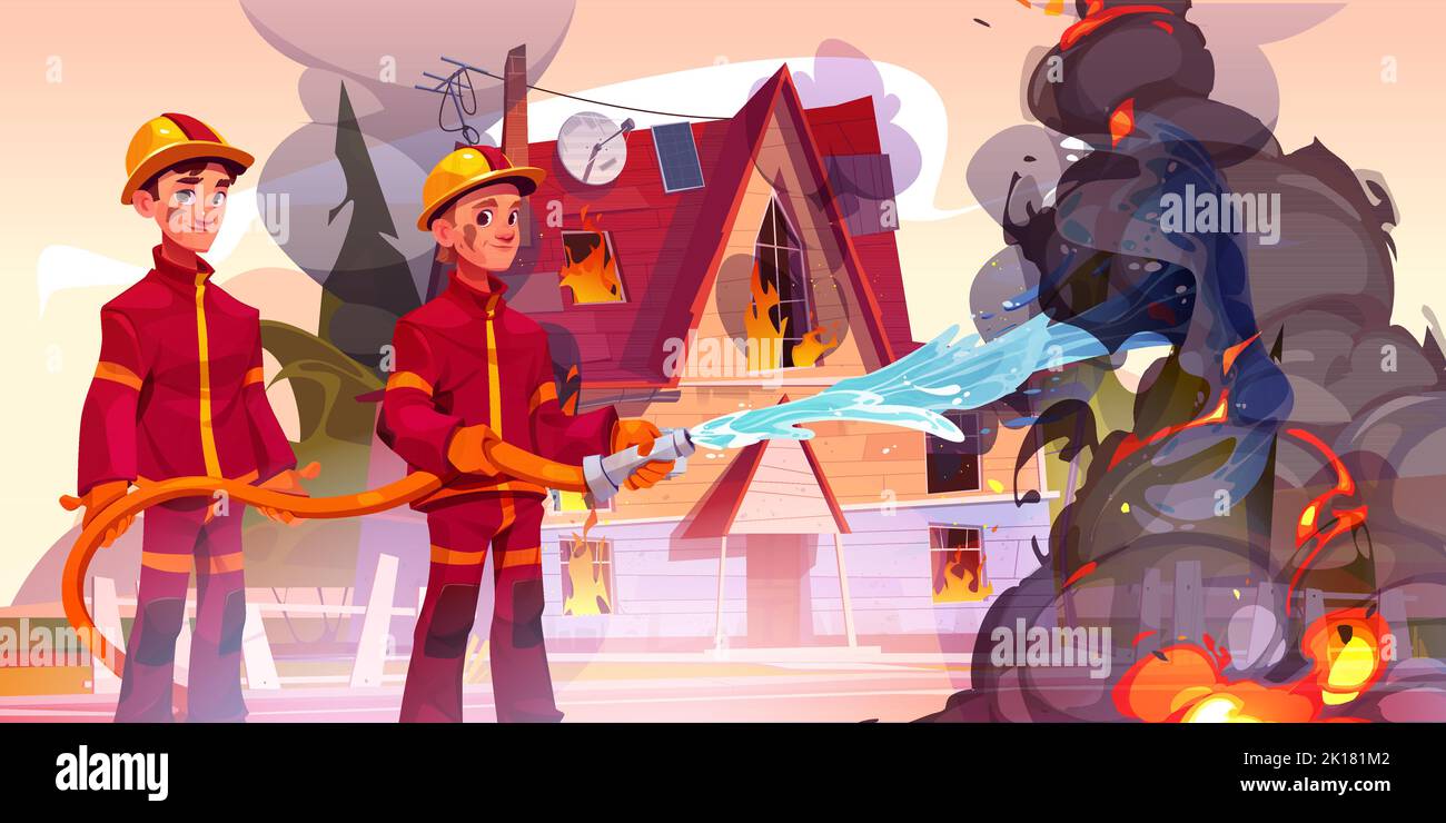 Firemen team with water hose extinguish ignition in house. Firefighters, people in safety costumes and helmets put out flame on street with burning bu Stock Vector